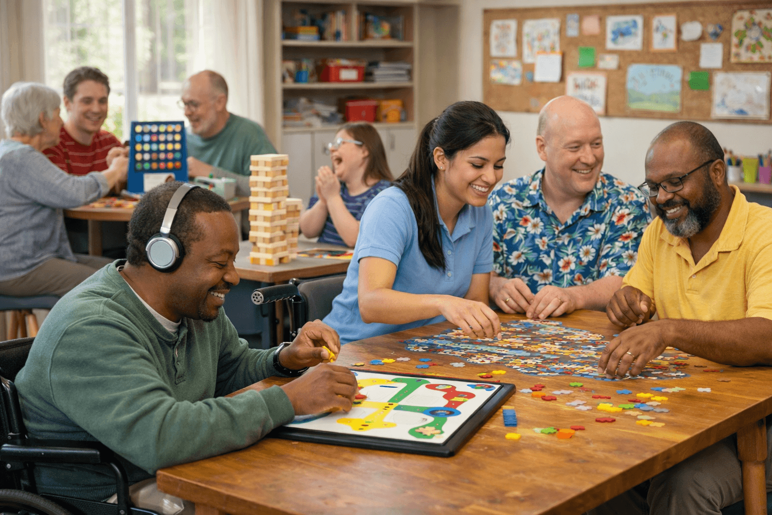 A group taking part in creative activities, games, and social sessions